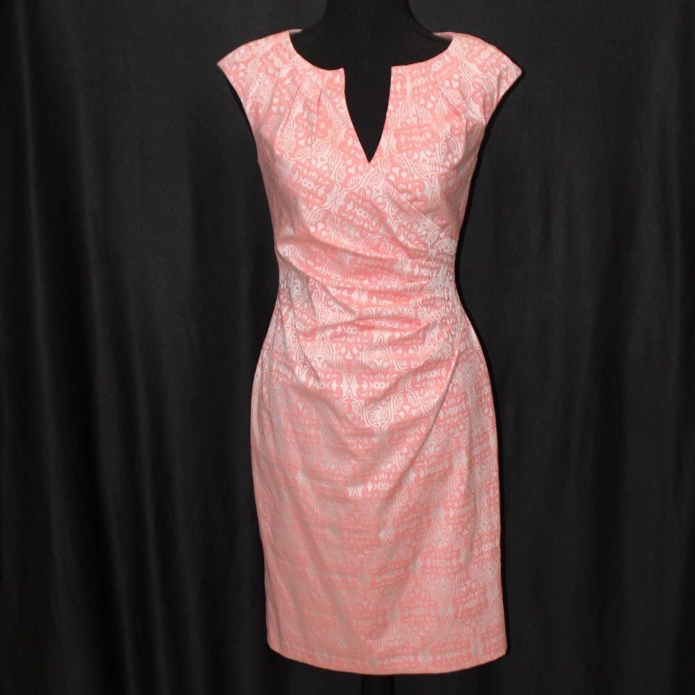 NWOT Adrianna Papell Coral and Shiny White Short Sleeve V-neck Dress